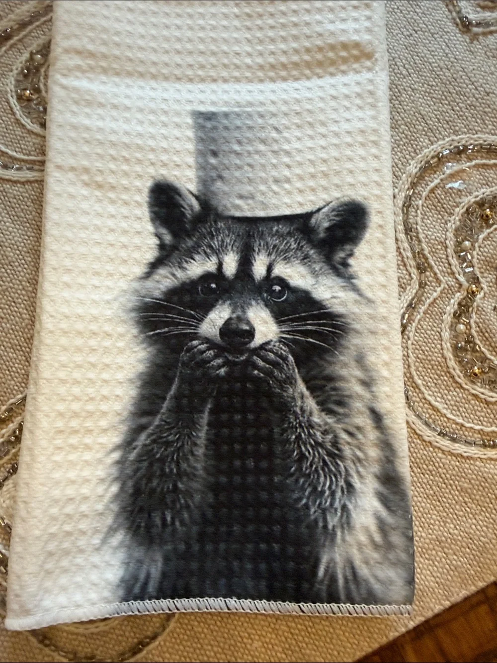 Raccoon with toilet paper on head  Waffle Weave Towel - Home Bath